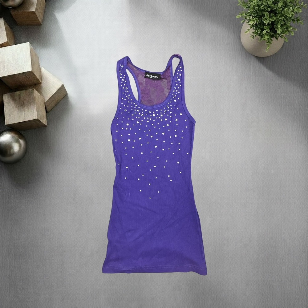 Get Lucky USA Vintage Y2K Purple Rhinestone Lace Racerback Ribbed Tank Top